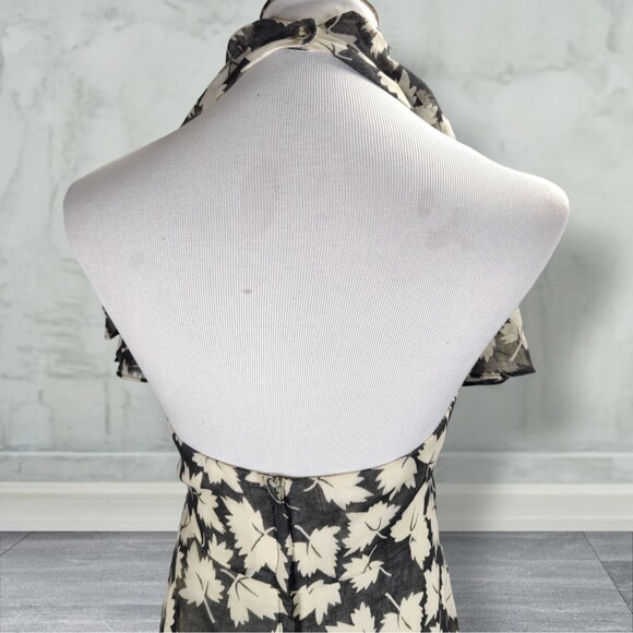 Vintage 70s Backless Halter Midi Dress Size 6 Black Leaf Print Neck Drape - Picture 7 of 15